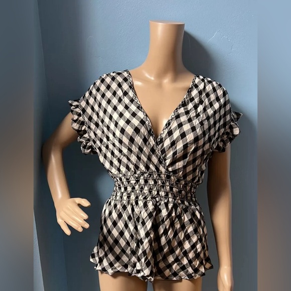 Max Studio Black White Gingham V-Neck Ruffle Sleeve Peplum Blouse Size XS - Picture 3 of 4